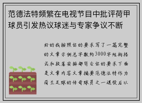 范德法特频繁在电视节目中批评荷甲球员引发热议球迷与专家争议不断