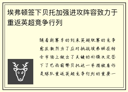 埃弗顿签下贝托加强进攻阵容致力于重返英超竞争行列 埃弗顿签下贝托加强进攻阵容致力于重返英超竞争行列